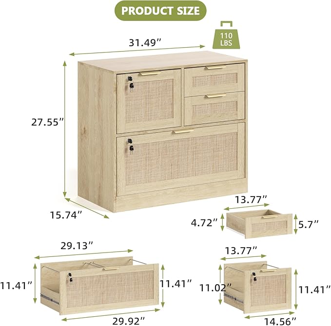 HOPUBUY Lockable 4 Drawers File Cabinet, Lateral Filing Cabinet with Printer Stand for Home Office and School, Wood Rattan File Cabinet for Hanging Files/Letter/Legal/A4/F4 Size, Natural Wood