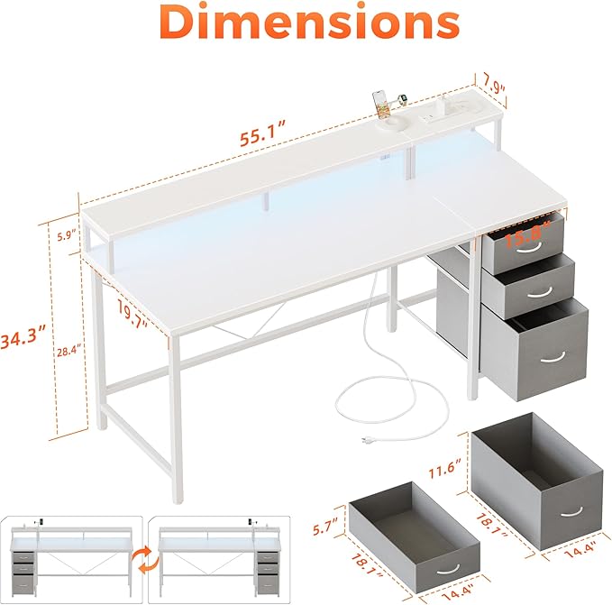 Mericonia Computer Desk 55 inch with Power Outlets & LED Lights, Gaming Desk with 3 Drawers for Home Office, Small Desk with Monitor Stand for Small Spaces, Study Writing Desk