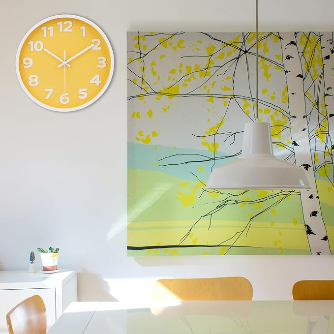 10 Inch Yellow Wall Clock with Big Numbers - Battery Operated Silent Modern Simple Decor Easy to Read for Kitchen, Bedroom, Living Room, Office, School