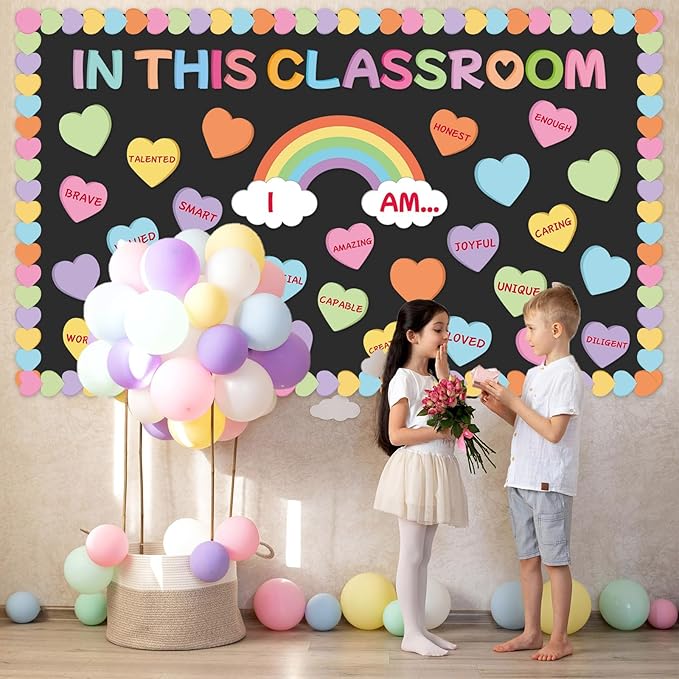 Spring April Bulletin Board Decoration Set Motivational Affirmation Station Classroom Decorations Inspirational Rainbow Heart Paper Cutouts for Kids Back to School Chalkboard Wall Door Decor
