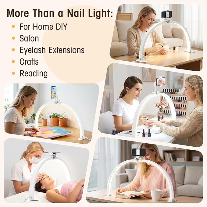 LIONVISON Half Moon Light for Desk: 29" Foldable Nail Light for Desk with Phone Holder - 3000K-6500K 3 Color Modes 10 Brightness for Salon Nail Technicians & Home DIY Manicure Enthusiasts (White)