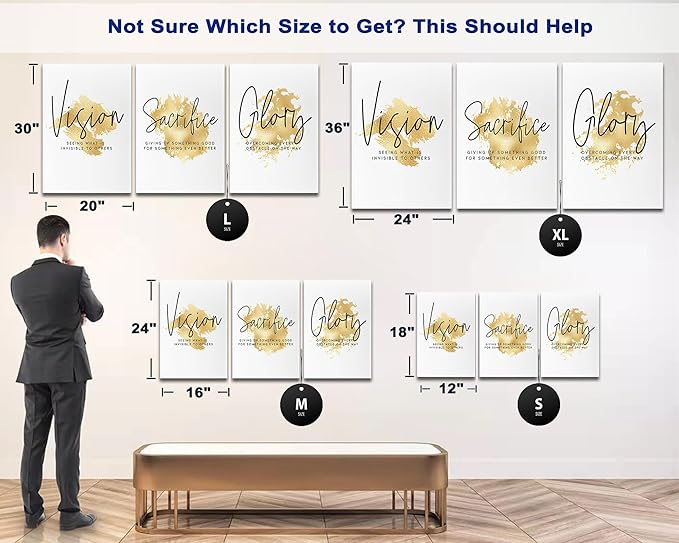 SHMAO Gold Office Canvas Wall Art Motivational Wall Decor, 3 Piece Vision Sacrifice Glory Print Pictures for Office Wall Decor Women Inspirational Framed Artwork Home Office Decor 20”x30”x3 Panels