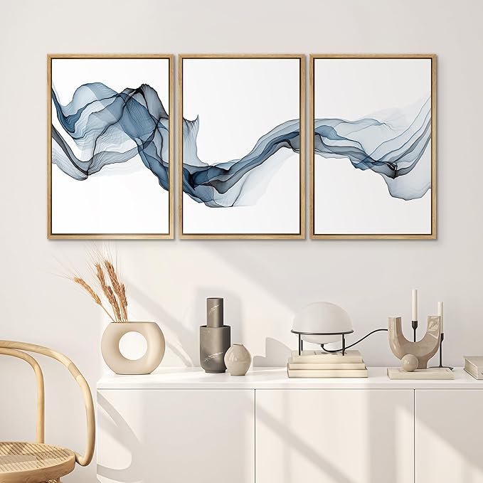 SIGNWIN Framed Canvas Print Wall Art Flowing Blue Smoke Abstract Shapes Digital Art Modern Art Minimalist Cool for Living Room, Bedroom, Office - 24"x36"x3 Natural