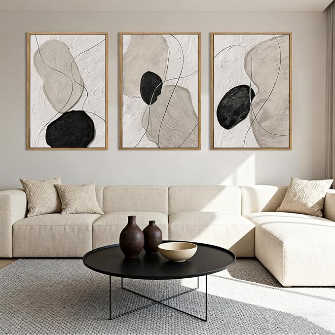 ANHUIB Neutral Abstract Wall Art Canvas,Mordern Geometric Wall Decor Framed,Contemporary Minimalist Artwork, Black Beige Canvas Prints, 3 Piece 24 * 36IN Painting for Living Room Bedroom Office