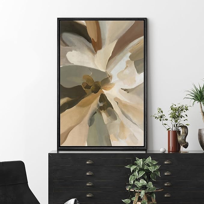 MUDECOR Framed Canvas Print Wall Art Abstract Floral Brushstroke in Warm Neutrals Earthy Tones Illustrations Minimalism Decorative Relax Colorful for Living Room, Bedroom, Office - 16"x24" Black