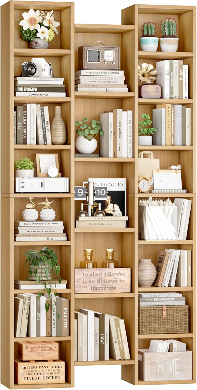 FOTOSOK 71'' Tall Bookshelf with 21 Cubes, 8 Tier Triple Wide Bookshelf with 8 Adjustable Shelves, 35" Wood Bookcase DVD/CD Media Tower Storage, Freestanding Display Shelf Cabinet, Natural
