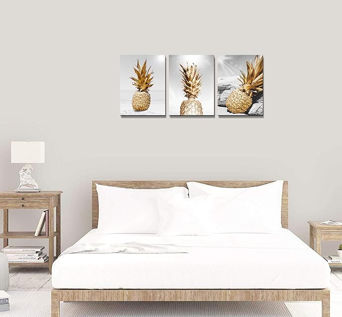 Canvas Wall Art For Bar Kitchen Restaurant Wall Decor Living Room Bathroom Home Decoration Black And White Beach Scenery Golden Pineapple Pictures Office Decor Artwork Ready To Hang 12x16 3 Piece