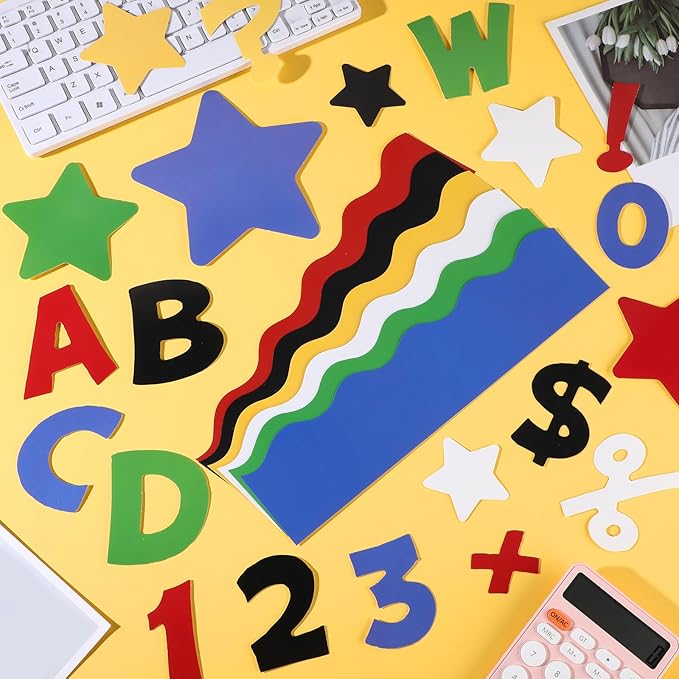 Containlol 188 Pcs Bulletin Board Borders Letters Stars Cutouts Set Include 59ft Poster Board Trims, Alphabet Letter Star Number Punctuation for Classroom(Y2k Bright Color)