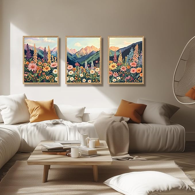Hianan Mount Daisy Wildflower Landscape Wall Art, Colorful Floral Wall Decor, Boho Sunset Landscape Canvas Painting, Bright Botanical Poster Prints for Living Room Bedroom Wood Framed 12"x16"x3