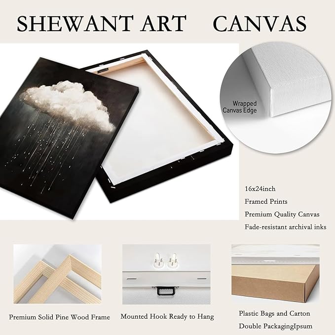 Framed Modern Abstract Canvas Prints Wall Art Vintage Rain Cloud Oil Painting Wall Art White Clouds in The Sky Nature Abstract Minimalist Home Artwork Decoration for Bedroom, Bathroom, Ready to Hang