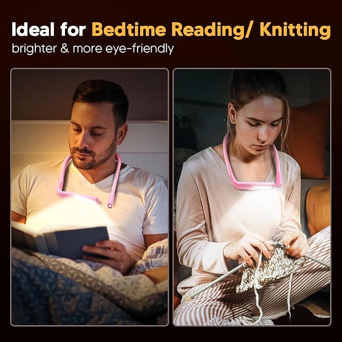 Pink Neck Light with Storage Case, Mothers Day Gifts for Wife Women Book Lovers Knitters Crafters, 10-80Hrs Eye-friendly Book Reading Lamp Knitting Crochet Sewing Craft Light Rechargeable Adjustable