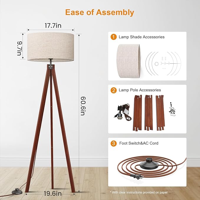 LEPOWER Wood Tripod Floor Lamp, Mid Century Standing Lamp, Modern Design Studying Light for Living Room, Bedroom, Study Room and Office, Flaxen Linen Shade with E26 Base Brown