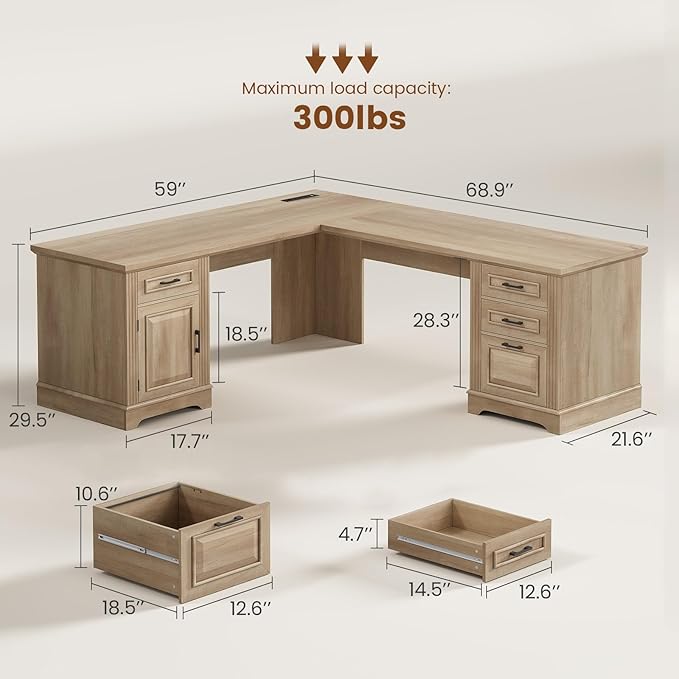 Itaar Farmhouse L Shaped Desk, Executive Computer Desk with Drawers and Storage Cabinet, Home Office Desk with File Drawer and Power Outlet, Corner Desk, Workstation for Office Home, Oak