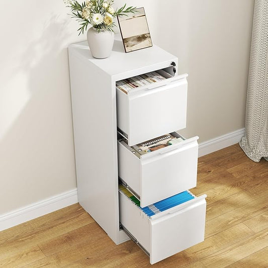 3 Drawer File Cabinet with Lock,Metal Vertical Filing Cabinets for Home Office,Heavy Duty File Storage Cabinet for Letter/Legal/A4/F4 Size File,Easy to Assemble,White