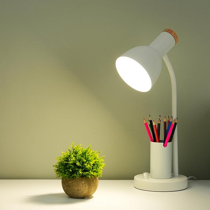 Desk Lamp with Pen Holder, Green, Wood Accent, Adjustable Gooseneck, Modern Study Light (Blue)
