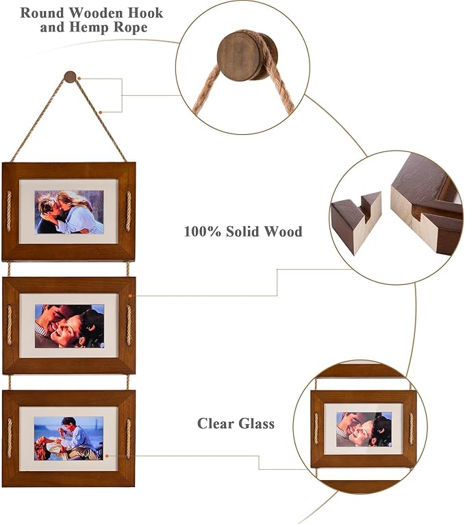 DLQuarts 5x7 Hanging Picture Frames Collage Wall Decor, 3 Opening 5x7 Matted to 3.5x5 Photo Rustic Wood Frame, Dark Walnut