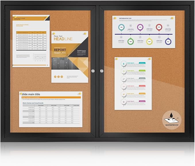Enclosed Bulletin Board Outdoor Noticeboard with Locking Door, Weather-Resistant, Cork, Black Aluminum Frame, 43 x 31 in
