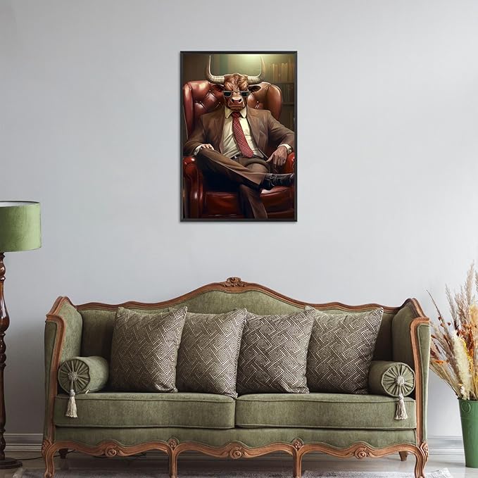 Trendy Suit Animal Cow Portrait Wall Art Funny Boss Cow Canvas Posters Work Struggle Motivation Inspiring Prints Painting For Office Living Room Wall Decor 12x16in Framed