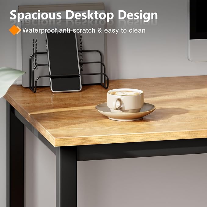 Need 39 Inch Small Computer Desk, Modern Simple Style Writing Desk for Home Office, Basic PC Work Desk with Black Metal Frame, Teak