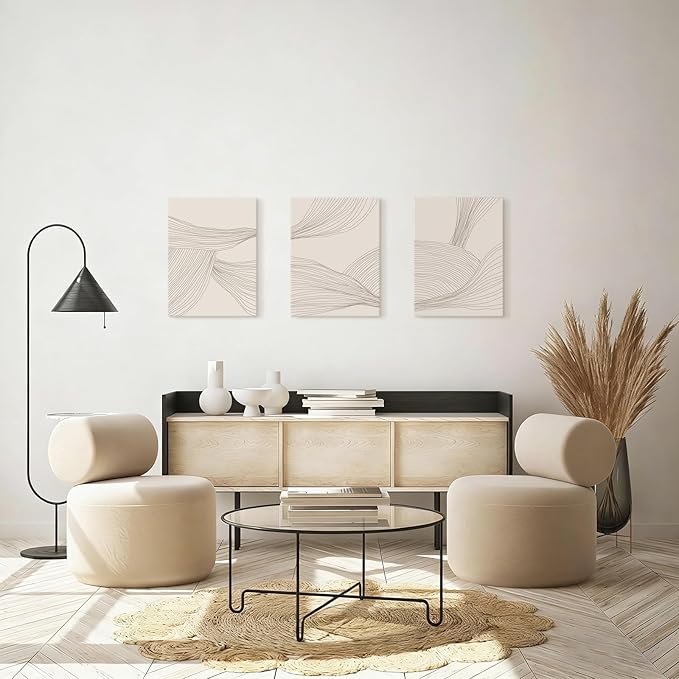 Netural Abstract Wall Art Set of 3,Beige Tones Line Art Prints,Modern Abstract Art Wall Decor Living Room,Minimlist Boho Framed Canvas Artwork,Bohemian Bathroom Bedroom Decor,12x16in