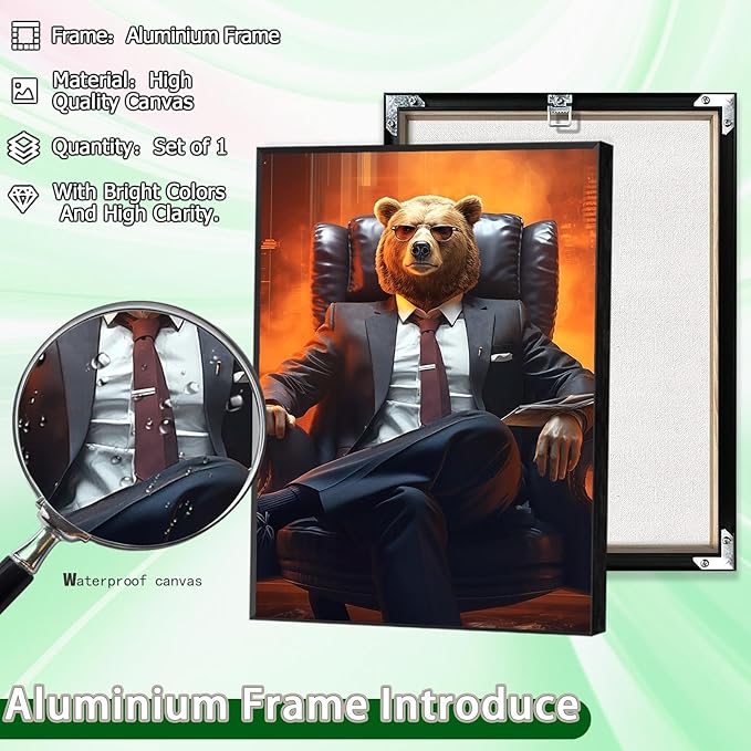Trendy Suit Animal Bear Portrait Wall Art Funny Boss Bear Canvas Posters Work Struggle Motivation Inspiring Prints Painting For Office Living Room Wall Decor 16x24in Framed