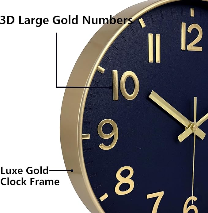 Modern Wall Clock, 10 Inch Digital Wall Clocks Battery Operated, Round Non Ticking Silent Analog Clock for Bedroom Living Room Kitchen Office Gym Classroom Decor, Gold Navy Blue Battery Clock