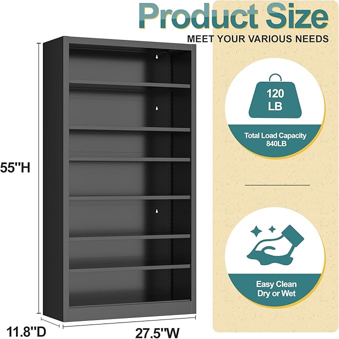 Bookcase,7 Tier Bookshelf,55" Tall Free Standing Metal Bookcase with Adjustable Storage Shelves,Wide Bookshelf for Bedroom Living Room Home Office School (Black, 7 Tier 55"H x 27.5"W x 11.8"D)