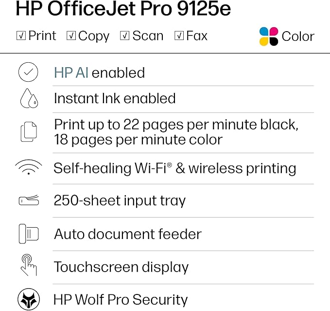 HP OfficeJet Pro 9125e Wireless All-in-One Color Inkjet Printer, Print, scan, copy, fax, ADF, Duplex printing best-for-office, 3 month Instant Ink trial included, AI-enabled (Renewed)