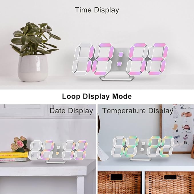 Deeyaple Led Digital Alarm Clock 3D Small Wall Clock Snooze Dimmable Time Memory 12/24 Date Temperature Remote Control Night Light Office Kitchen Living Room Bedroom (9.7 Inch, Multicolor)
