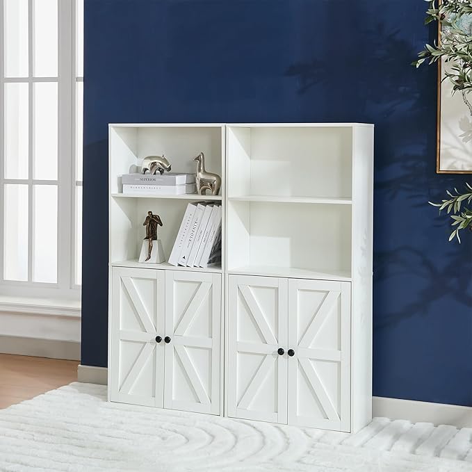 Bookshelves and Bookcases with Barn Doors Set of 2, Farmhouse Bookshelf with Display Shelves, Floor Standing 4-Tier Book Shelf with Storage Cabinet for Home Office, Living Room, Bedroom