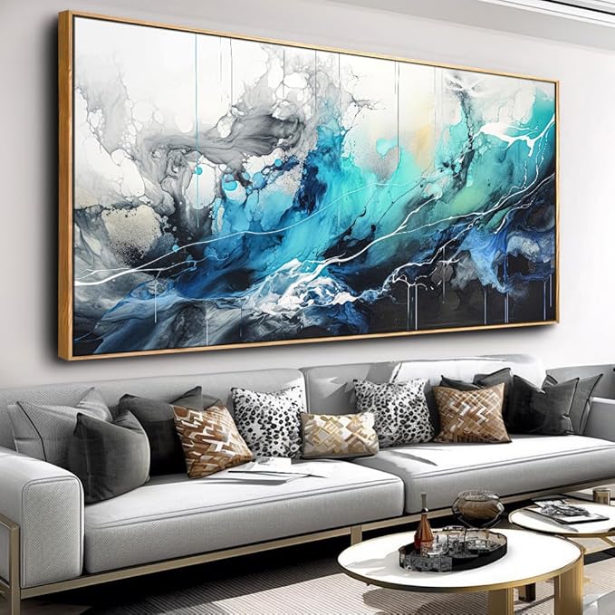 Wall Art Abstract Canvas Painting Teal Blue Modern Artwork for Living Room Bedroom Dining Room Home Office Decor 30"x60" with Framed