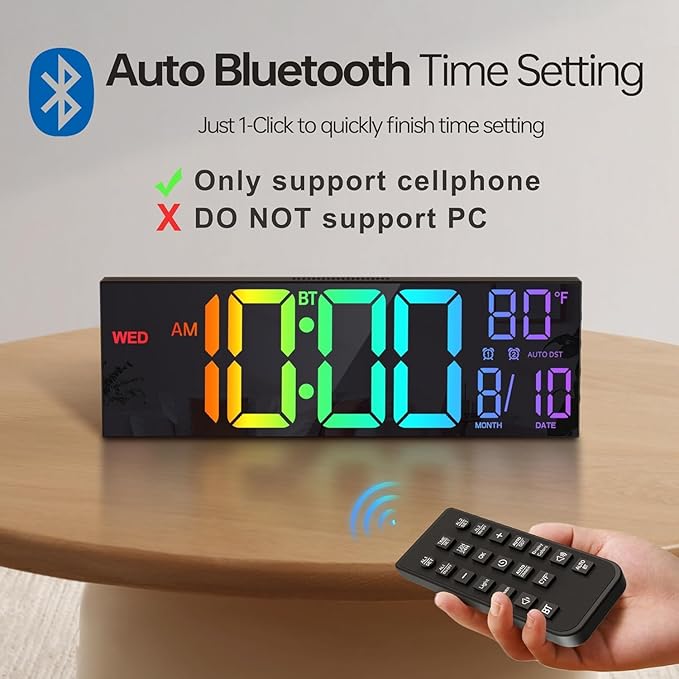 JALL 16.2" Large Digital Wall Clock with Bluetooth Sync, RGB Digital Clock Large Display with Auto DST, Wall Clock for Classroom Bedroom Gym Office, Led Clock for Seniors (Black)