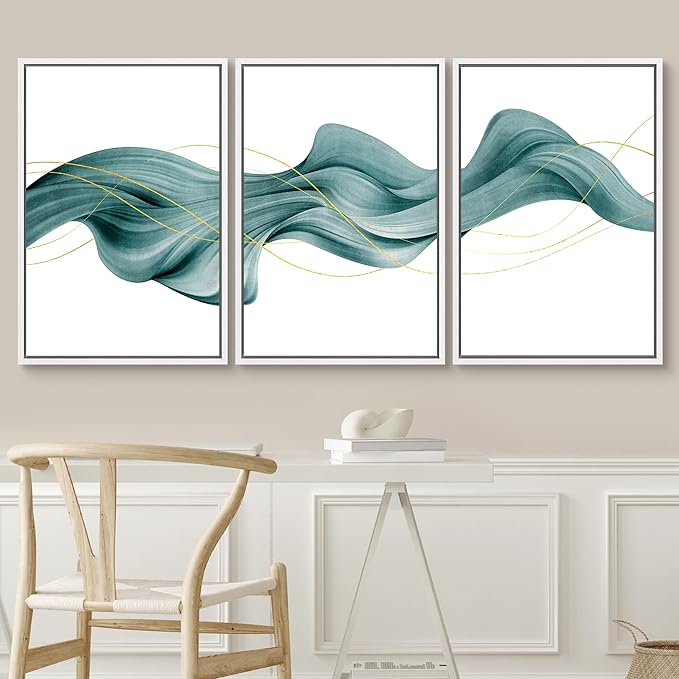 SIGNWIN Framed Canvas Print Wall Art Set Futuristic Teal Geometric Smoke Wave Abstract Shapes Illustrations Modern Art Decorative Nordic Zen Chic for Living Room, Bedroom, Office - 16"x24"x3 White