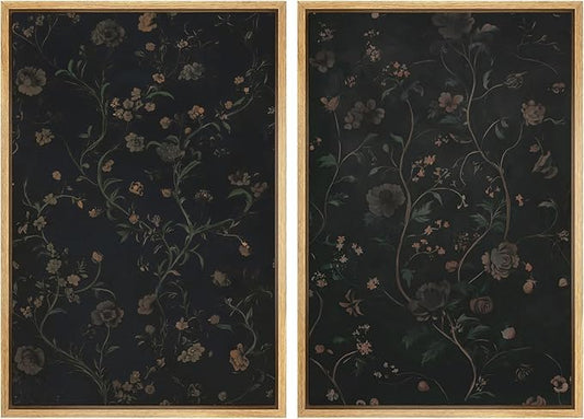 SIGNWIN Framed Canvas Print Wall Art Set Dark Vintage Floral Moody Botanical Modern Art Minimal Boho Relax/Calm for Living Room, Bedroom, Office - 24"x36"x2 Natural