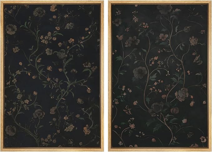 SIGNWIN Framed Canvas Print Wall Art Set Dark Vintage Floral Moody Botanical Modern Art Minimal Boho Relax/Calm for Living Room, Bedroom, Office - 16"x24"x2 Natural