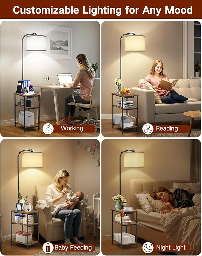 Floor Lamp with Table & Remote, Side End Table with Charging Station, Dimmable Nightstand with 3 Color Temperatures, 1-Hour Timer, 12W LED Bulb, for Living Room, Bedroom