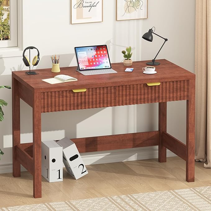 Fluted Computer Desk with 2 Drawers, 39 Inch Small Computer Desk with Storage, Compact Writing Study Desk for Small Spaces, Red Walnut