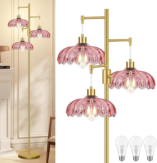 Gold Floor Lamps for Living Room-3 Light Dimmable Floor Lamp with Three Bulbs & Glass Lampshape, Mid Century Modern Standing Lamp Tree Tall Flower Floor Lamp for Bedroom Living Room,Corner