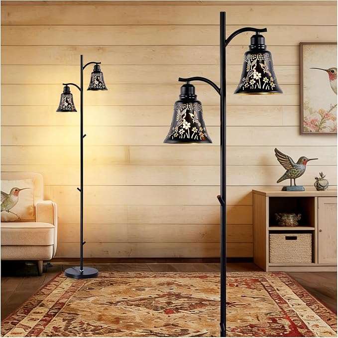64.56" Tall Goth Farmhouse Floor Lamp,2-Light Tree Black Metal Hummingbird Lampshade Rustic Floor Lamps for Living Room,Western Standing Floor Light for Bedroom,Home,Office,Corner,Bar