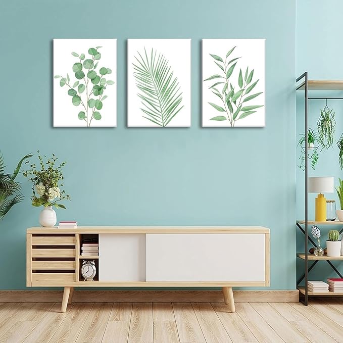 Bwodke Botanical Wall Art Plant Floral Watercolor Poster Canvas Prints Set of 3 Framed Sage Green Painting Eucalyptus Leaf Picture Modern Minimalist Home Decor Bedroom Bathroom Living Room 12"x16"