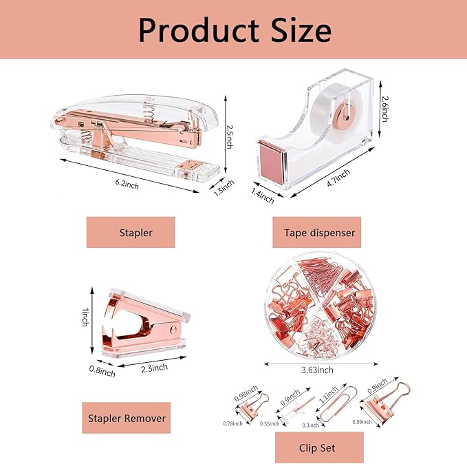 suniya Office Supplies,Desk Accessories,with Stapler,Tape Dispenser,Staple Remover,Scissor,Ballpoint Pen,Clear Tape,Staples,Binder,Best Gift Set(Rose Gold)