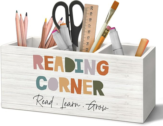 Boho Reading Corner Pen Holder Organizer for Desk Accessories, Boho Classroom Reading Wooden Box Desk Decorations for School Kids Room Bedroom Decor, Book Lovers Reader Bookish Gifts