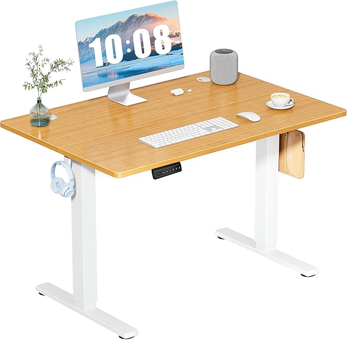 DUMOS 40 Inch Electric Standing Desk Height Adjustable, Sit to Stand Up Computer Workstations Work PC Table Home Office Study Writing Gaming Desks with Memory Presets for Walking Pad, Bedroom, Oak