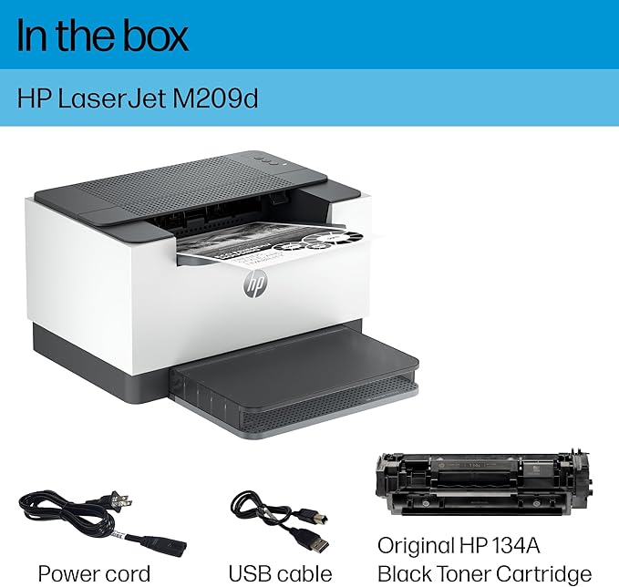 HP LaserJet M209d Laser Printer, Black and White, Automatic Duplex, USB Connection Only (Cable Included), Ideal in Home Office (8J9L0F) (Renewed)