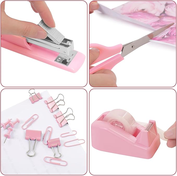 Office Accessories, 10Pcs, 360-Degree Rotating Pen Holder, Office Supplies Include Stapler, Tape, Tape Holder, Scissors, Ruler, Staple Remover, 1 Box of Staples, Paper Clips Kit for Office School