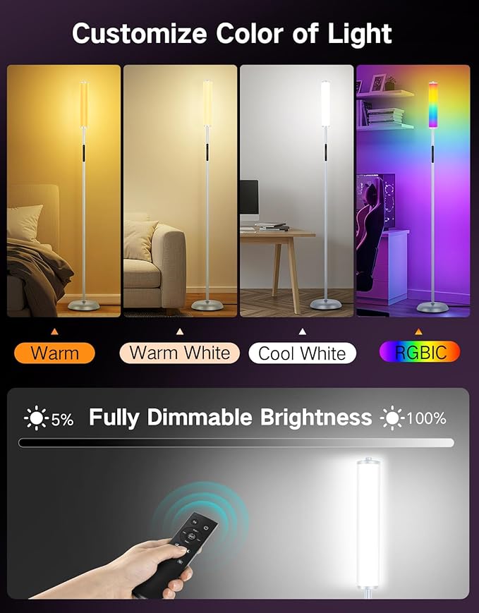 OUTON Corner Floor Lamp with Remote, Touch & App Control, RGB Color Changing Standing Lamp with 32 Modes, 360 Lighting, 3 Color Temperatures, Dimmable 66 in Tall Lamp for Living Room Bedroom,Grey