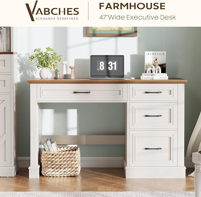 Vabches Farmhouse 47" Executive Desk with File Drawer, Computer Desk with 4 Drawers, Workstation for Study, Home Office, Writing, (Unique White