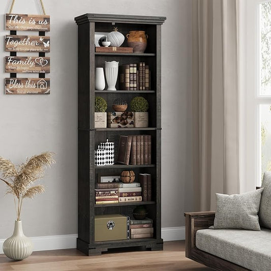 6-Tier Farmhouse Bookshelf, 73 inch Tall Book Shelf with Unique Design & 2 Adjustable Shelves, Wooden Bookshelf for Study Room, Living Room, Kitchen, Bedroom (Black)