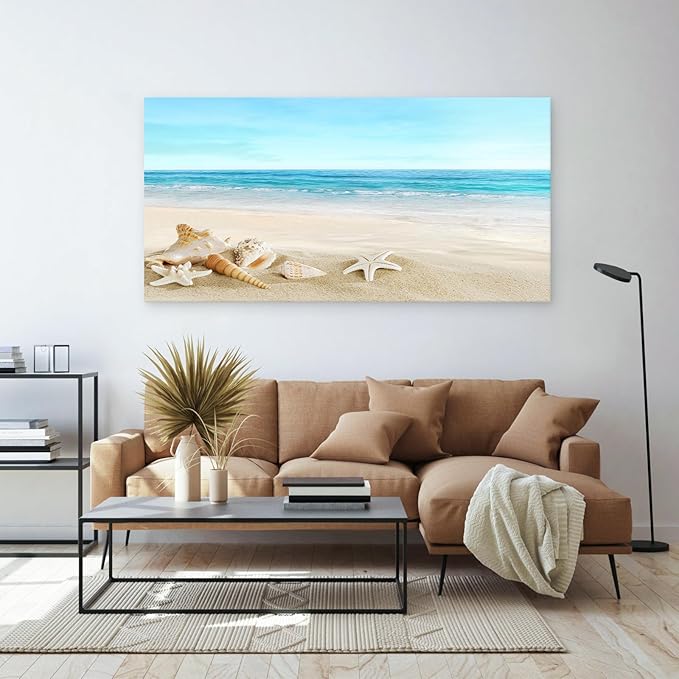 DZL Art S73998 Beach Picture Decor Ocean Painting Canvas Wall Art Prints of Starfish and Seashell on Sandy Seaside Ready to Hang for Living Room Bedroom Office Wall Decor Home Decoration