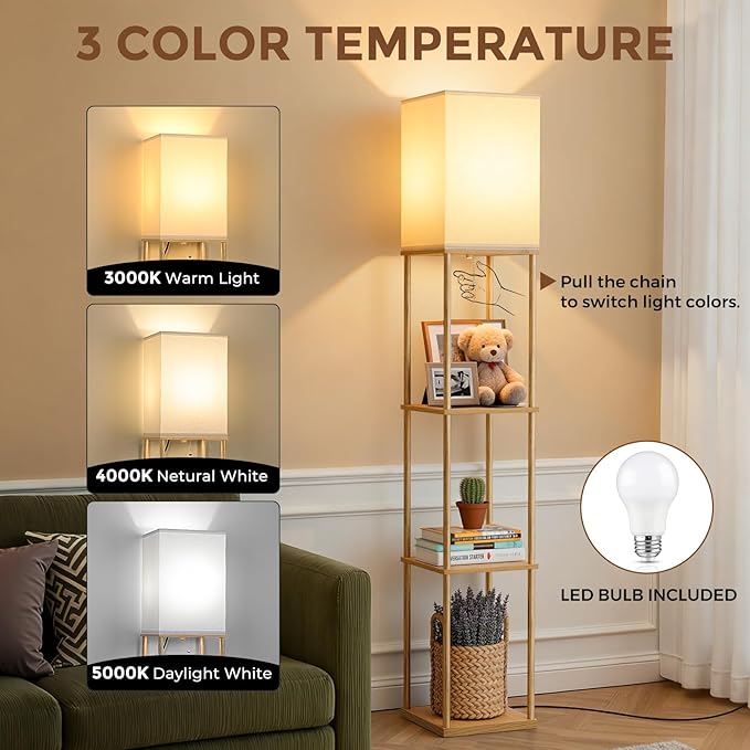 FOLKSMATE Floor Lamp with Shelves, 3-Tier Modern Square Bookshelf Floor Lamp, 3 Color Temperature Bulb Included, Floor Lamps for Living Room Bedroom Corner - Wood